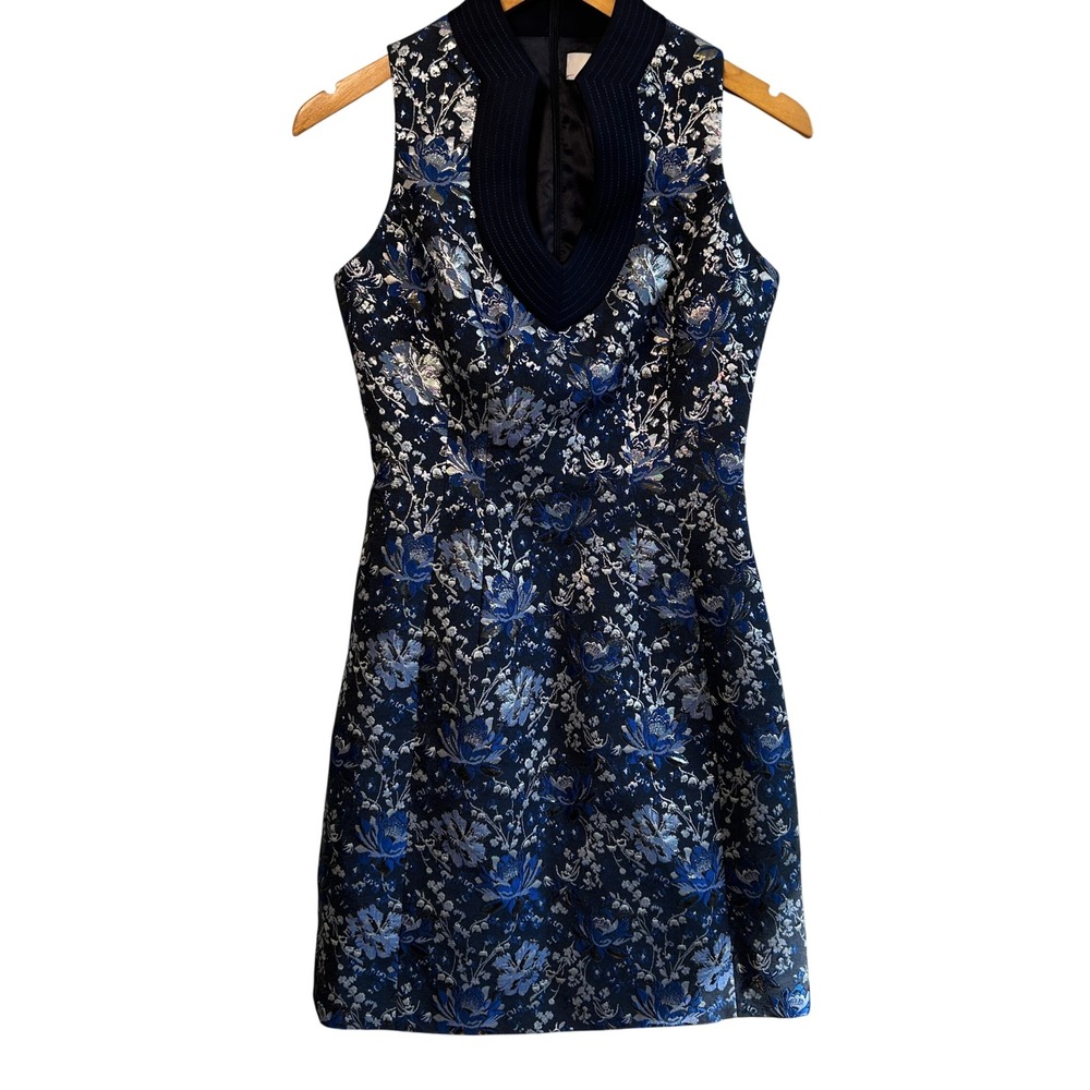 Belle Badgley Mischka Sz 2 Floral Brocade Metallic Dress Blue Silver RN127117